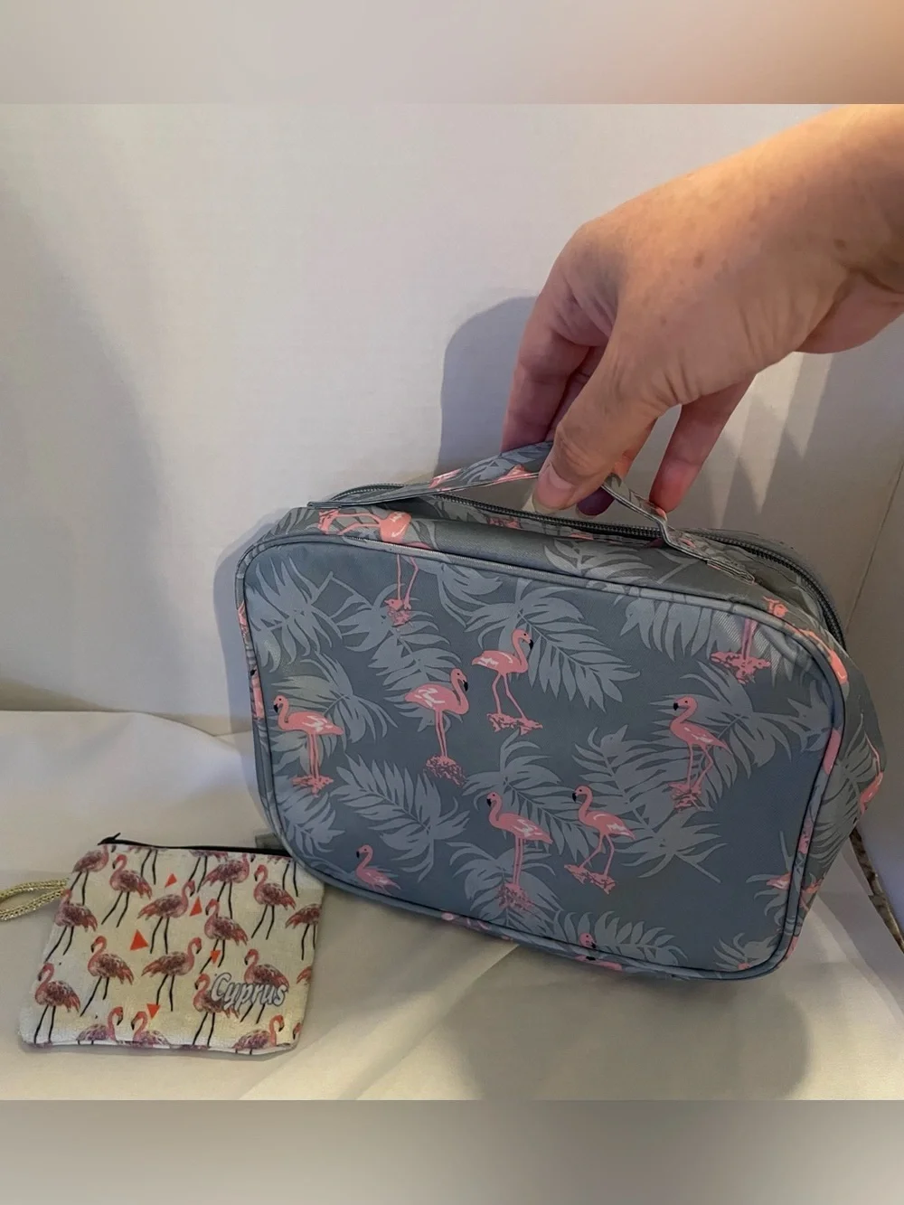 Flamingo print travel toiletry/cosmetic bag + matching small wristlet pouch set.